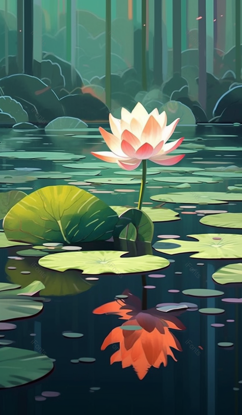 绿色独株荷花倒影清新插画,插画/手绘图,插画/手绘图库,插画/手绘图下载,插画/手绘